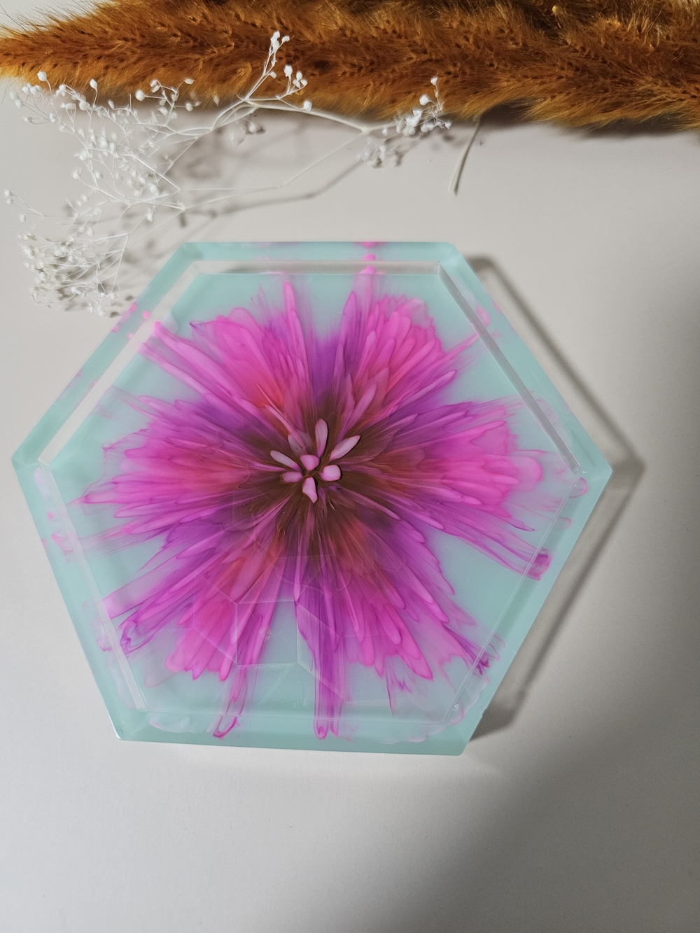 Aqua Hexagonal Resin Coaster Or Jewerly Dish with Pink Floral Burst